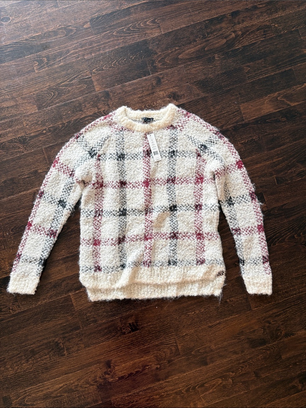Theory Innis Plaid Crewneck Sweater - Cream with Red & Black Plaid